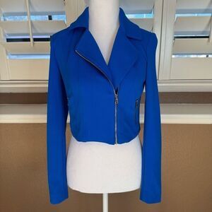 Cache Women's 2 Asymetrical Zip Moto Jacket Royal Blue Cropped Blazer City Style
